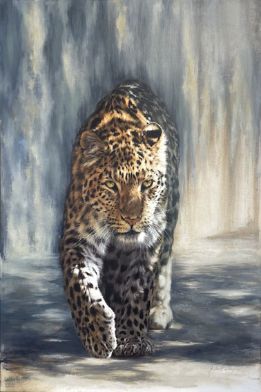 Jules Kesby wildlife artist, leopard front on, oil on canvas